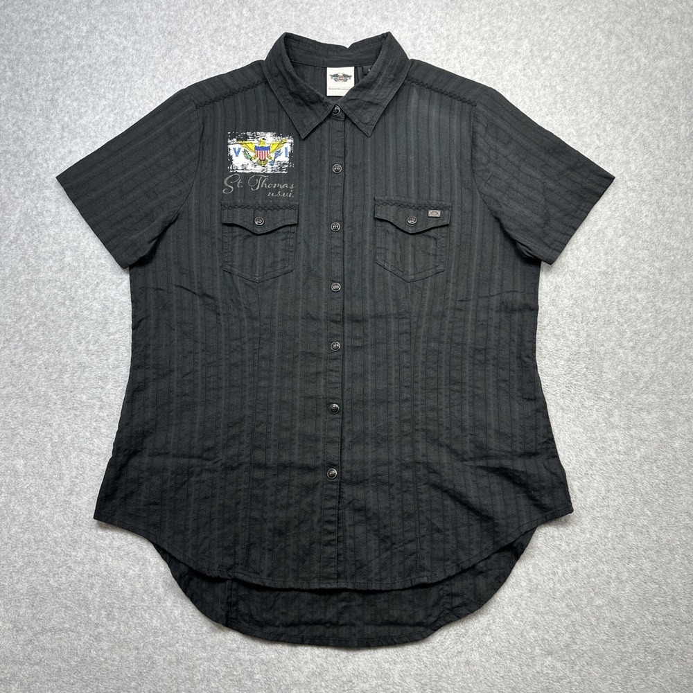 Harley Davidson Dobby Snap Shirt Women L Black Live To Ride US Virgin Islands